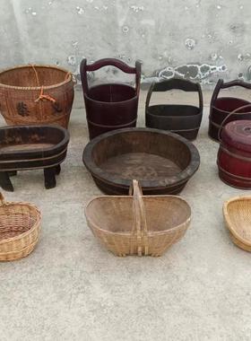 民俗老物件水桶木盆竹篮农耕文化村史馆覆古怀旧展览摆件影视道具