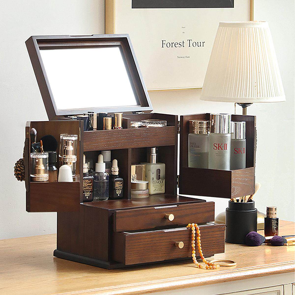 化妆品收纳盒桌面高级感木质大号防尘家用带镜子一体化妆台置物架