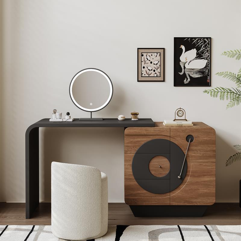 2025新款化妆台斗柜一体化妆桌卧室现代简约实木中古风转角小户型