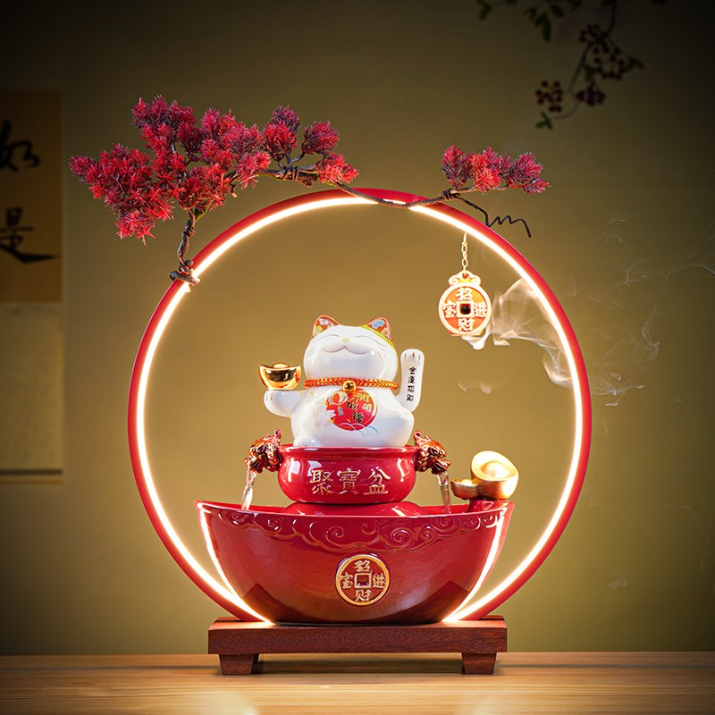 招财猫流水摆件客厅喜庆装饰创意陶瓷加湿器乔迁新婚开业高档礼物