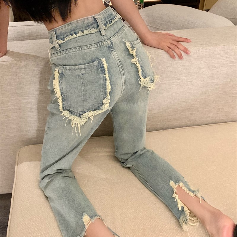 胖妹妹破洞牛仔裤女大码春秋高腰直筒裤宽松显瘦毛边阔腿九分裤子