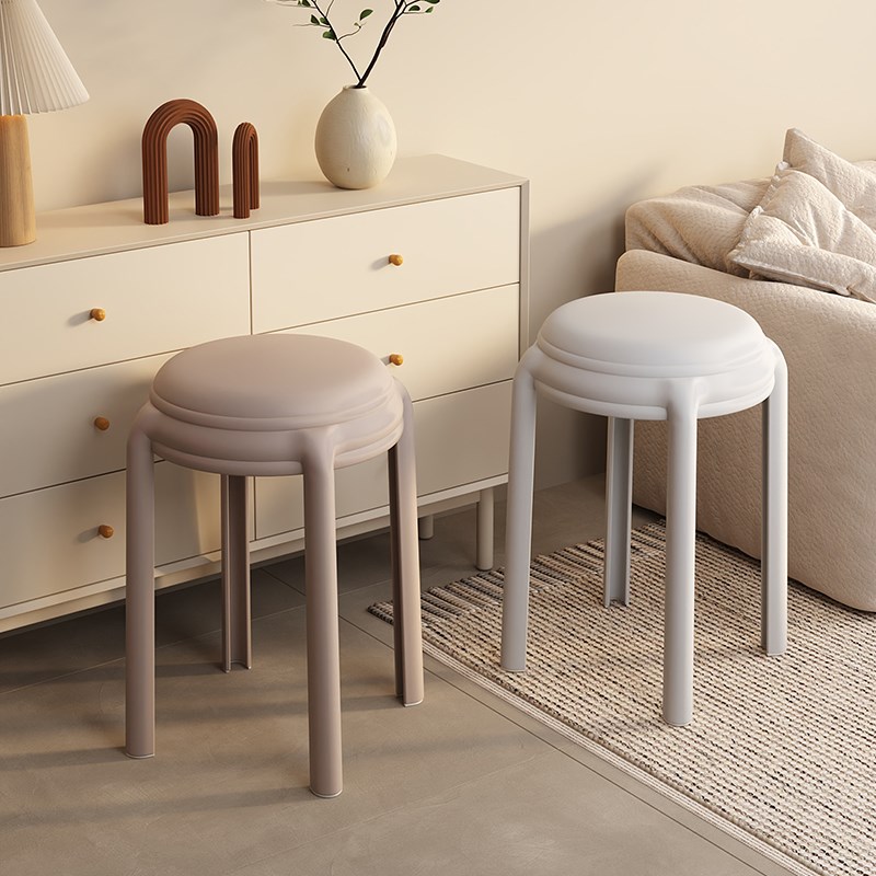 塑料凳子家用可叠放加厚软包圆凳轻奢H高级感客厅胶凳餐桌备用椅