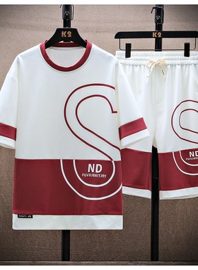 2023夏季休闲套装男时尚短袖T恤男一套五分裤J男装衣服TZ6902-P65