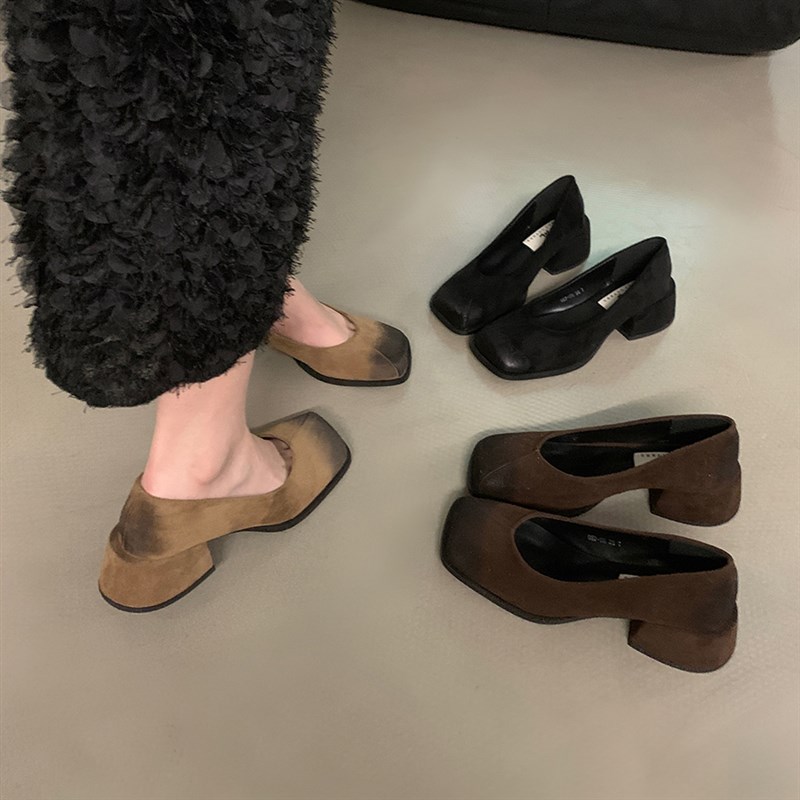 法式粗跟黑色方头气质单鞋女鞋x子2025年新款复古浅口晚晚风高跟