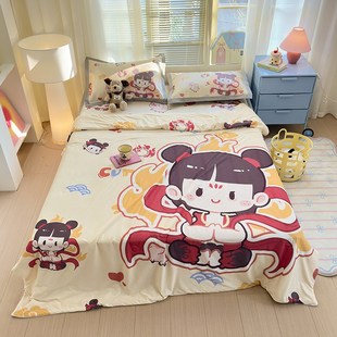新款 哪吒夏凉被三件套儿童卡通冰丝席四件套空调被学生宿舍床品