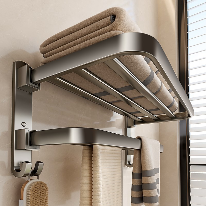 枪灰毛巾架免f打孔卫生间置物架厕所收纳太空铝洗手间浴室浴巾架
