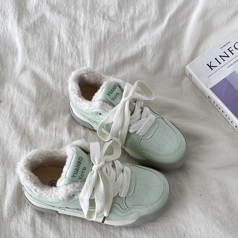 喜叔加绒厚底薄荷绿板鞋女2024新款冬季小众O保暖二棉鞋休闲面包