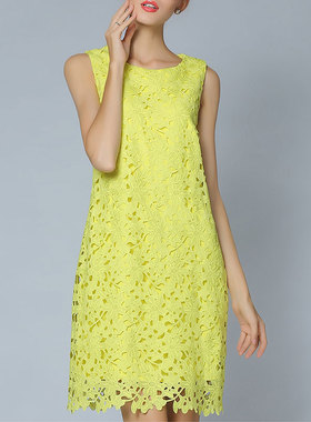 无袖黄色背心a字红色p水溶花蕾丝连衣裙子夏镂空大码胖mm白色女夏