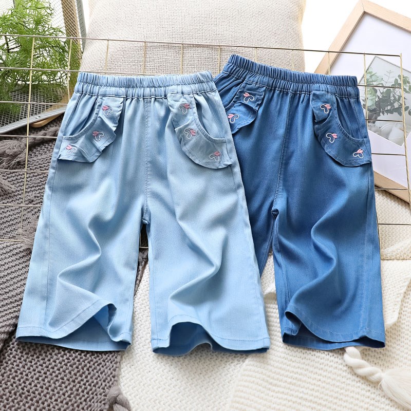 女童裤子2024夏装新款儿童七分裤薄款洋气童装女孩软牛仔裤阔腿裤