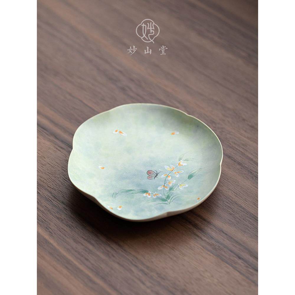 手绘文心兰陶瓷壶承中式田园风茶承茶壶盖碗底座茶点盘果盘两用