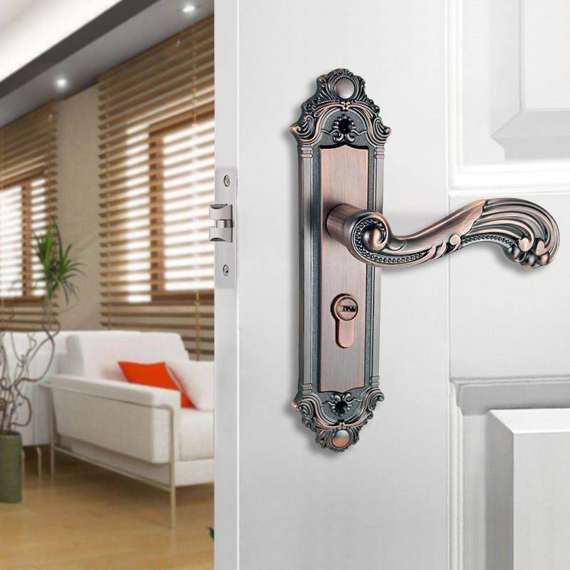 欧式家用房间木门锁黄古铜单舌头执手门把手室内老式卧室面板锁具