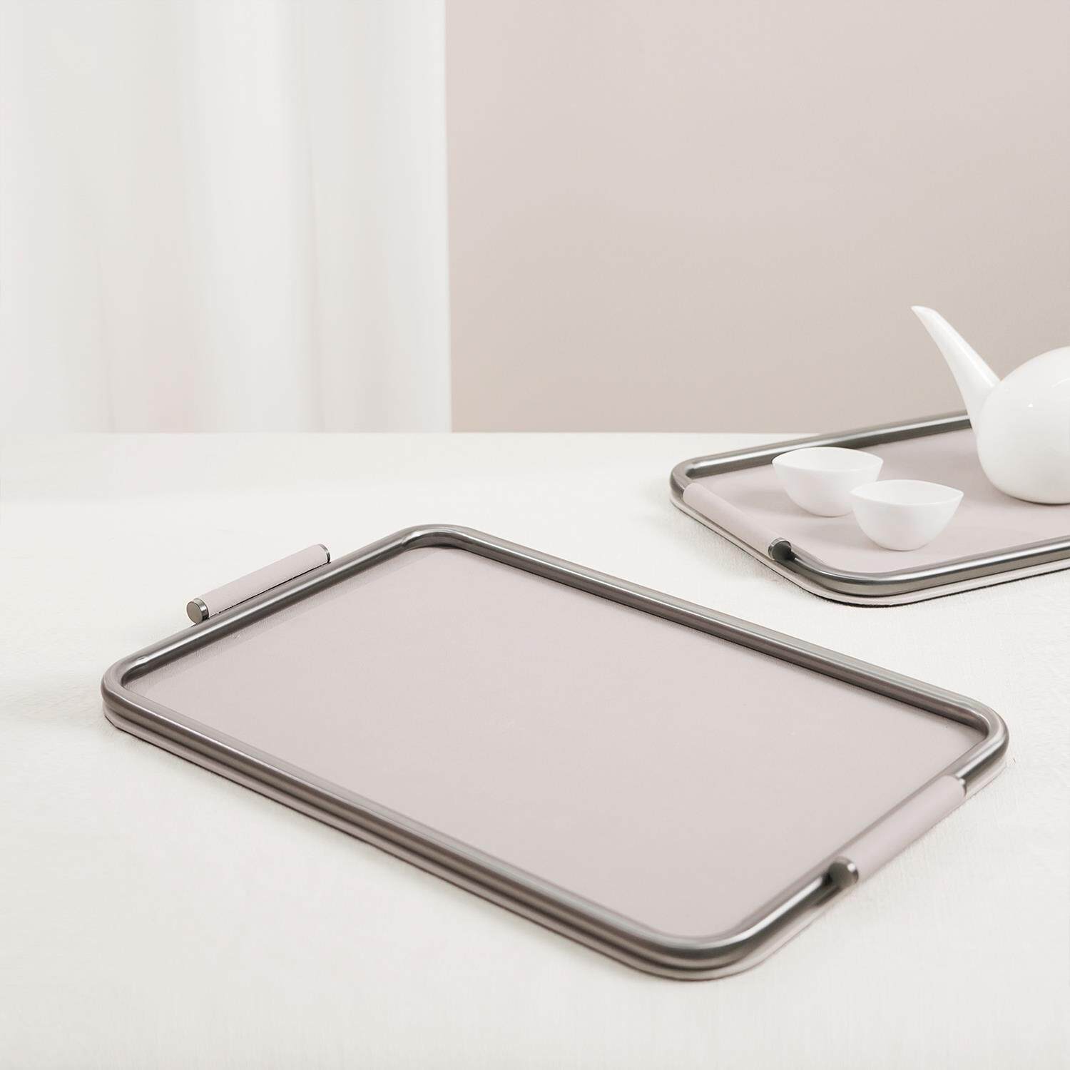 现代简单方便豪华米色金属皮革托盘收纳托盘模型房客厅桌面软装饰