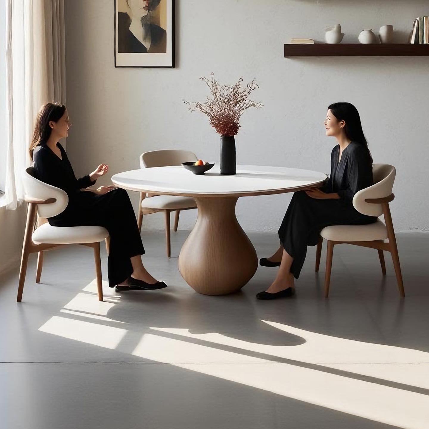 中古风实木岩板餐桌椅组合家用小户型现代简约法式覆古风圆形饭桌