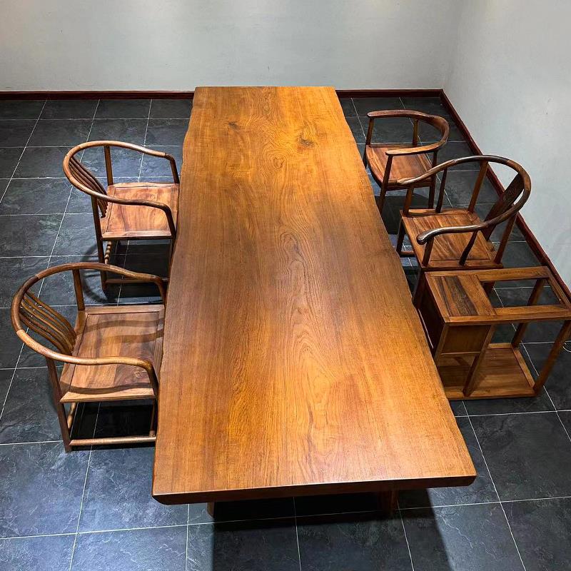 缅甸瓦城柚木大板实木茶桌侘寂风原木办公书桌别墅中古风岛台餐桌