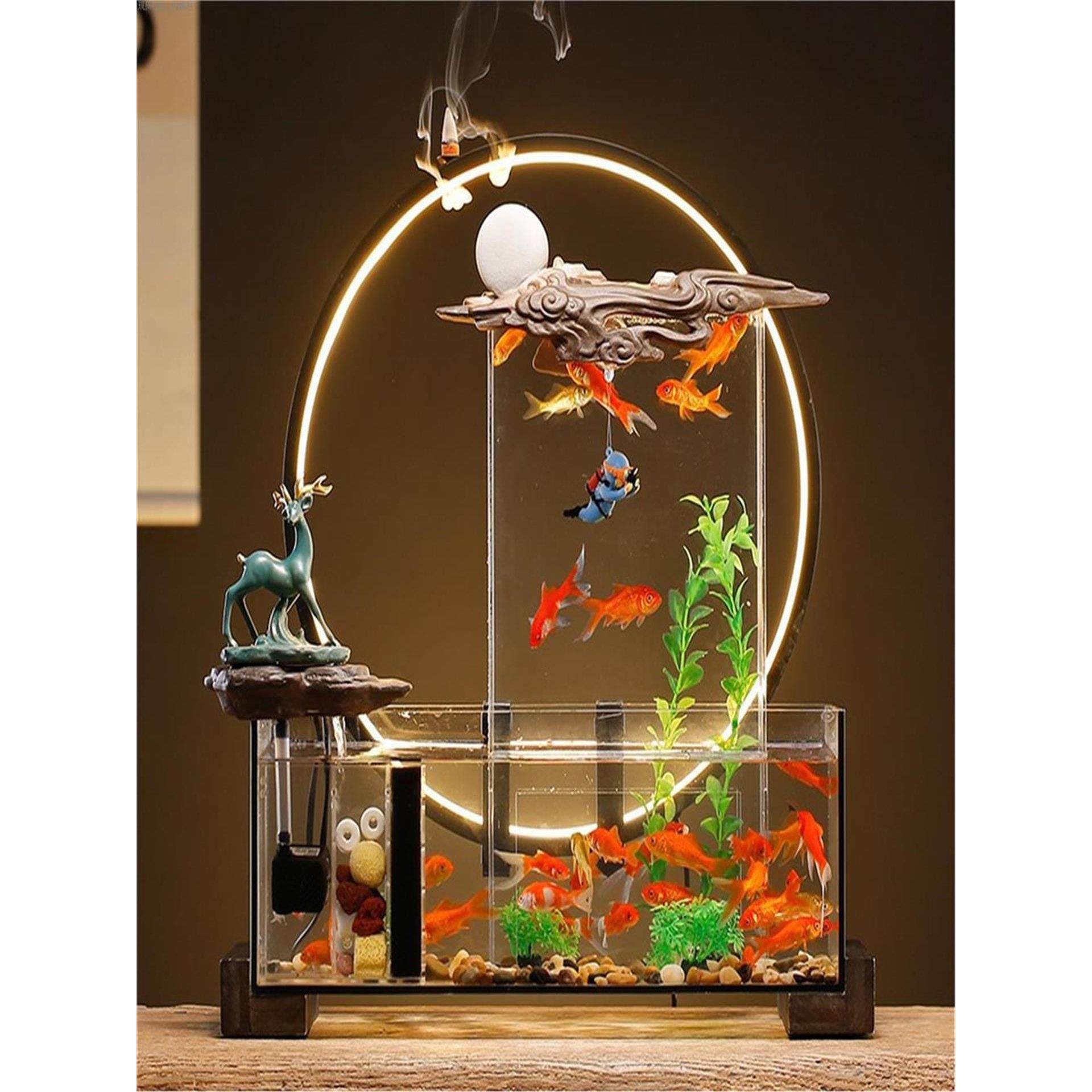 鱼缸摆件创意电视柜办公室桌面玻璃造景生态水族家用客厅循环流水,家居饰品,流水摆件,淘宝优惠券,粉丝福利购,淘宝优惠卷