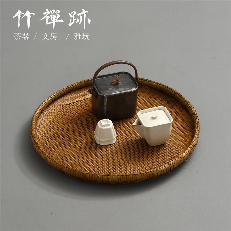 竹禅迹竹编大漆竹匾 精编竹扁簸箕收纳筐圆筲箕竹筛子水果篮晾晒