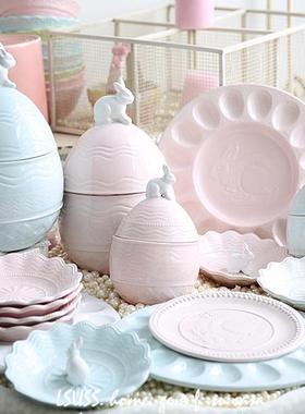 Lsuss 陶瓷 兔子 珍珠边 浮雕盘 罐子 摆件 碟 小兔子 白兔鹿小鸟