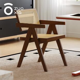 左下中古实木藤编餐椅轻奢靠背椅子设计师款昌迪加尔椅家用扶手椅