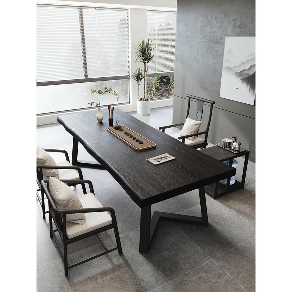 实木黑色茶桌茶台办公室接待茶桌椅组合侘寂风茶几客厅家用泡茶桌