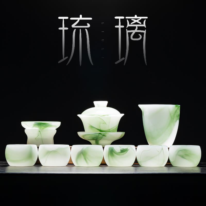 景德镇汝窑琉璃茶具套组组合白玉茶杯家用办公送礼玉瓷功夫盖碗高