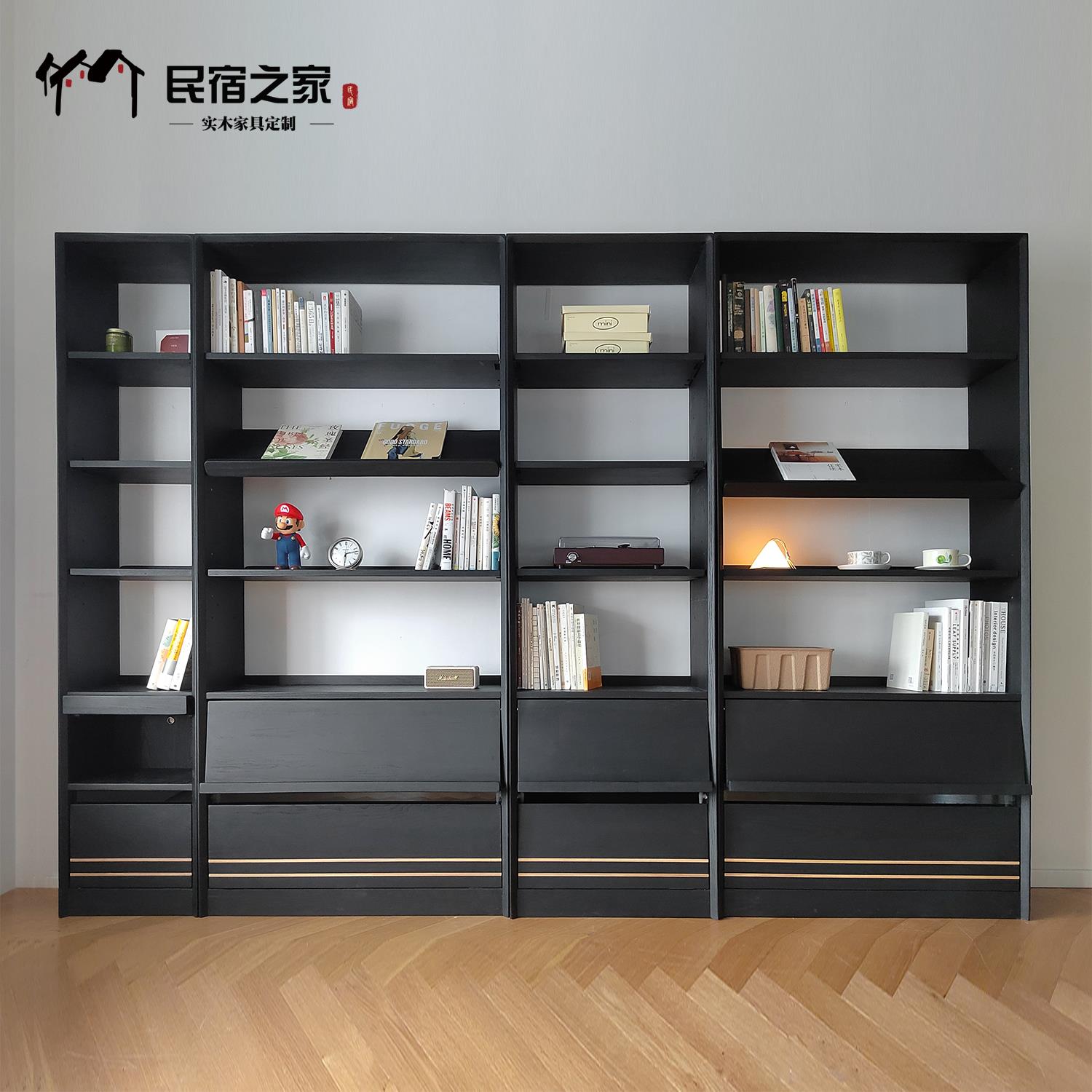 实木书柜一体整墙客厅落地组合柜转角黑色白蜡木原木置物书架定制