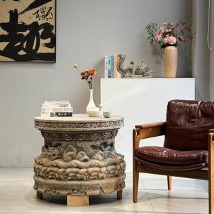 石雕石桌 青石彷古石桌 庭院茶舍摆件 石墩须弥座中式覆古石柱墩