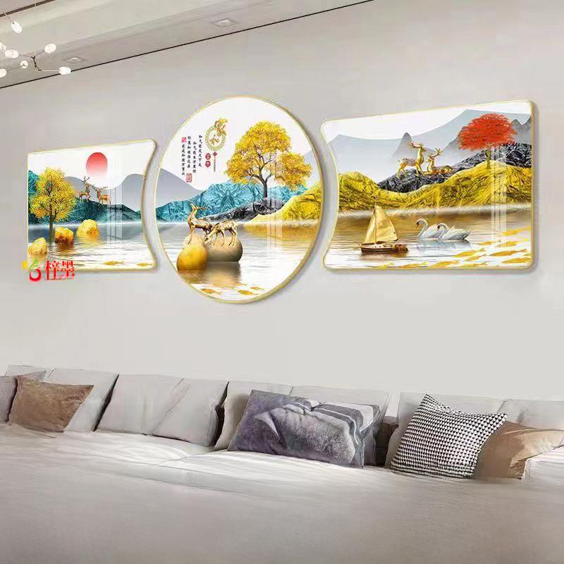 现代无障碍豪华客厅装饰画,简单的沙发背景墙挂画,三联画水晶钻