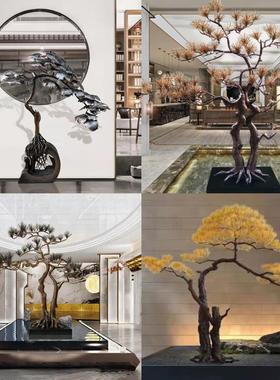 新中式迎客松铁艺摆件玄关仿真金属落地松树雕塑样板房装饰品