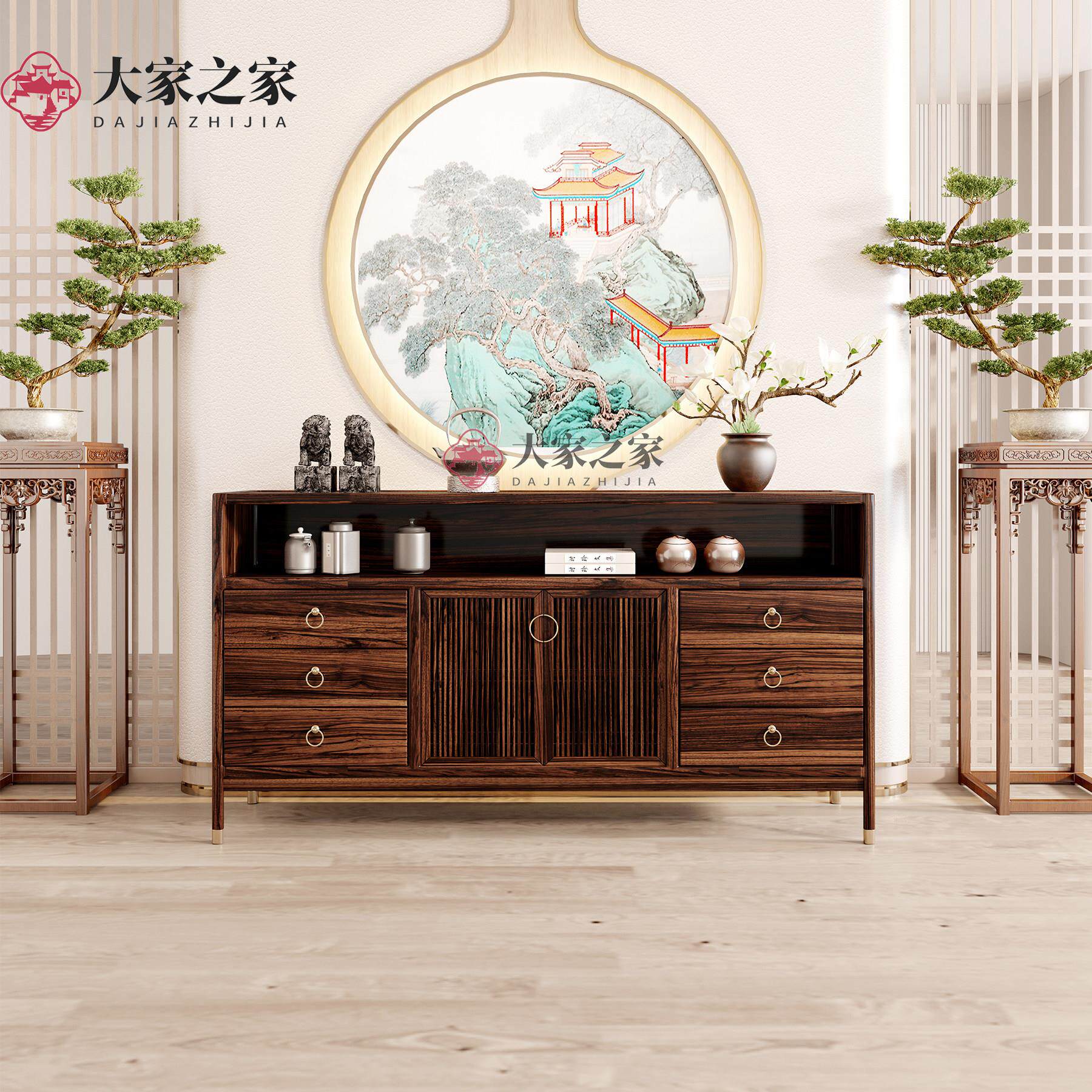 新中式乌金木餐柜实木玄关边柜客厅储物收纳柜门厅多功能靠墙柜