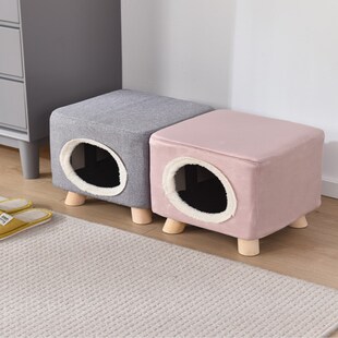 实木夏天凉d席猫窝凳子人猫共用封闭多猫咪用品小幼猫屋房四季通