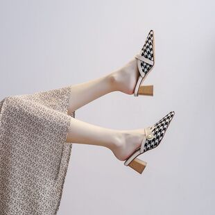 粗跟E中跟懒人外穿拖鞋 新款 网红高跟凉拖 女2024年夏季 包头半拖鞋