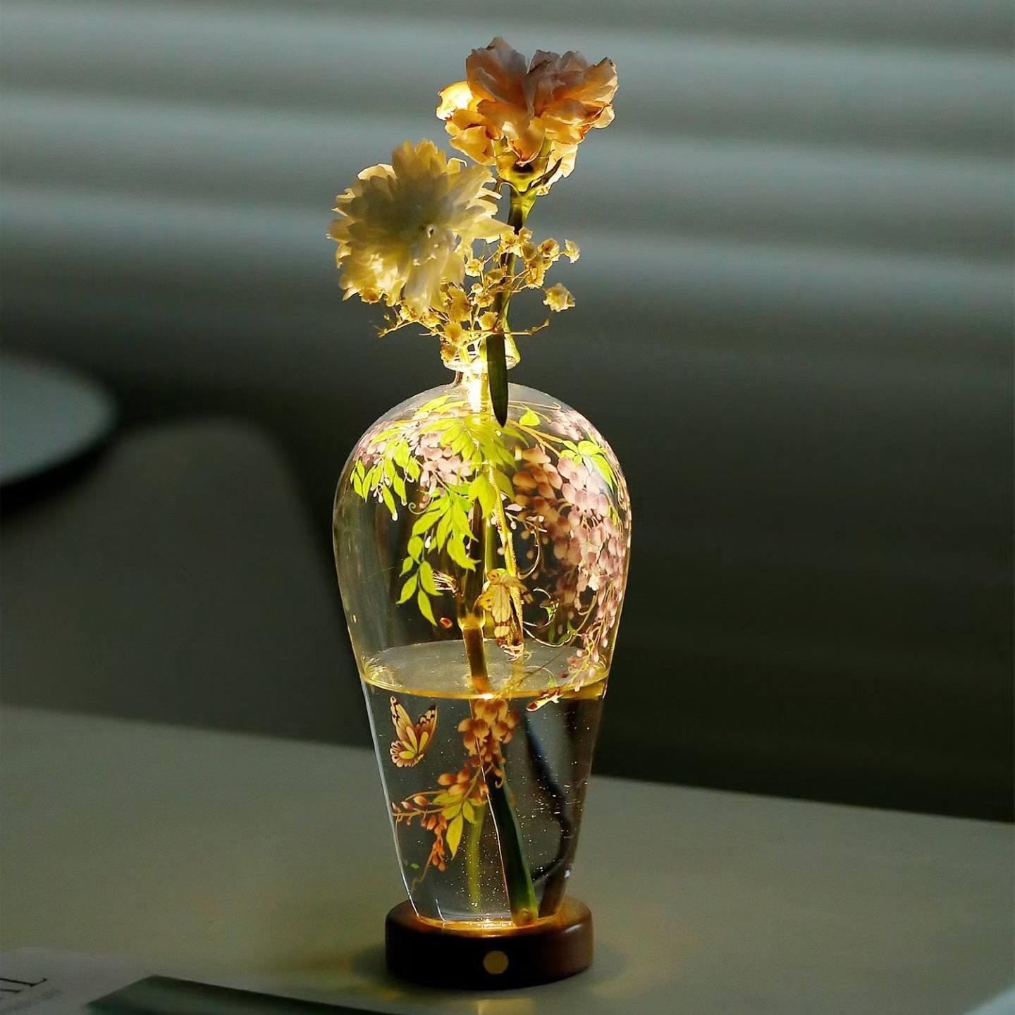 新中式发光玻璃梅瓶 紫藤花小夜灯 高级感花瓶台灯礼物 茶桌装饰