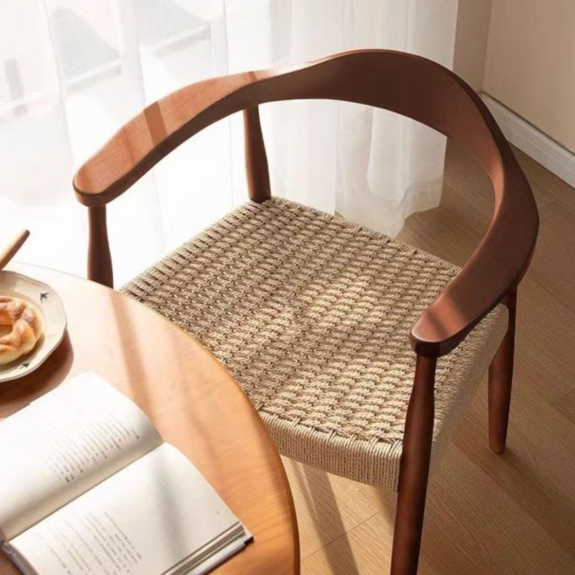 北欧简约中古休闲 实木餐椅肯尼迪桌椅家用咖啡厅靠背椅子坐垫绳