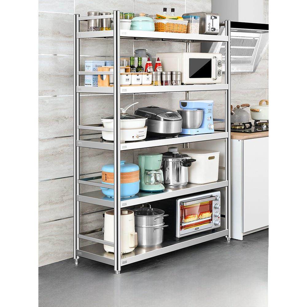 304不锈钢厨房置物架五层带围栏落地多层收纳架杂物架子5层带护栏