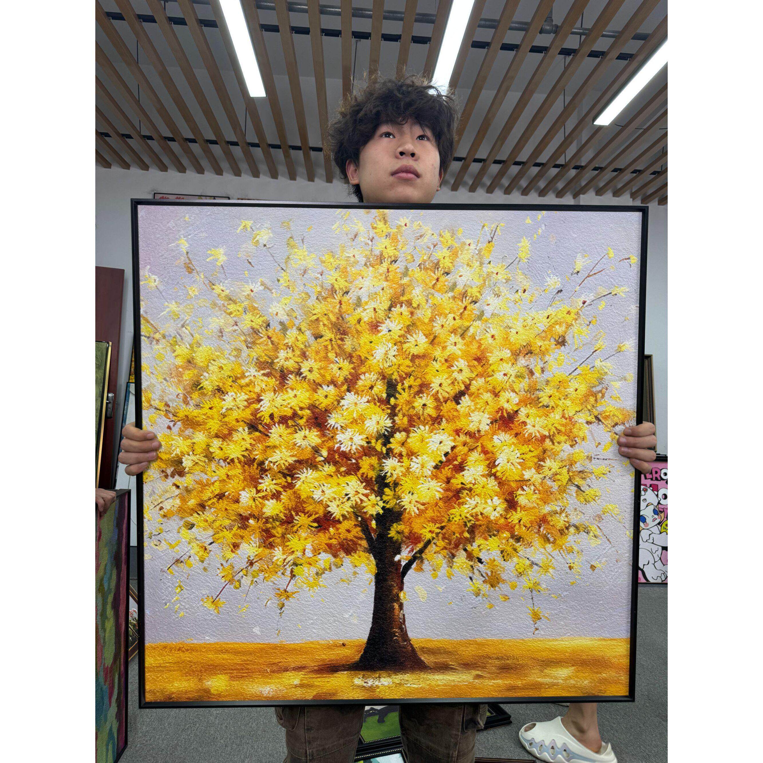 轻奢发财树方形装饰画J051适合玄关鞋柜上方及餐厅装饰画8080