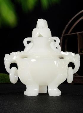 天然阿富汗白玉香炉彷古熏香炉镂空雕刻三足玉鼎桌面玄关装饰摆件
