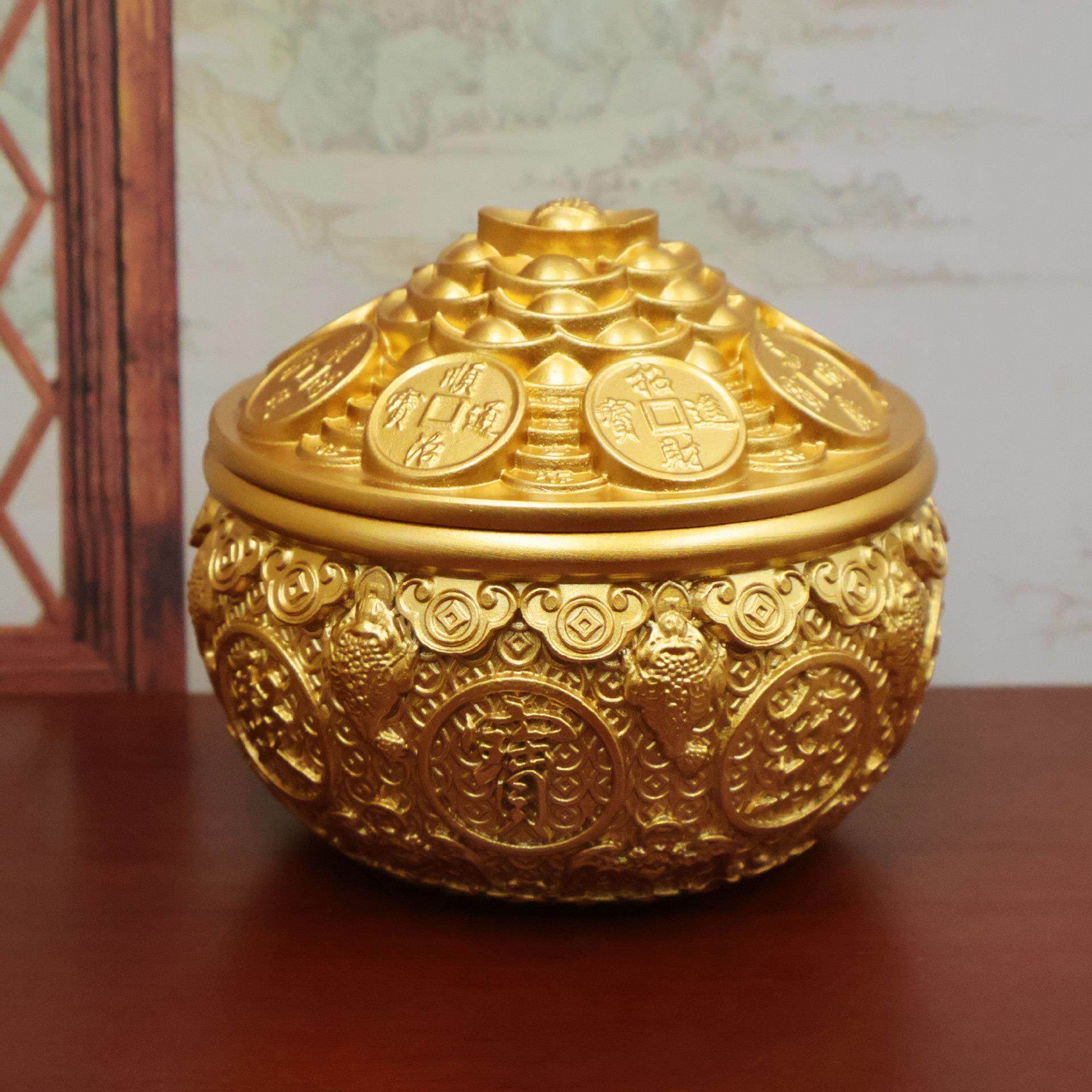 黄铜金蟾聚宝盆铜招财聚财家用客厅前台玄关装饰品存钱罐黄铜摆件