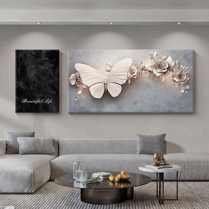 黑白蝴蝶客厅装饰画轻奢高级感沙发背景墙壁画浮雕立体感二联挂画图片