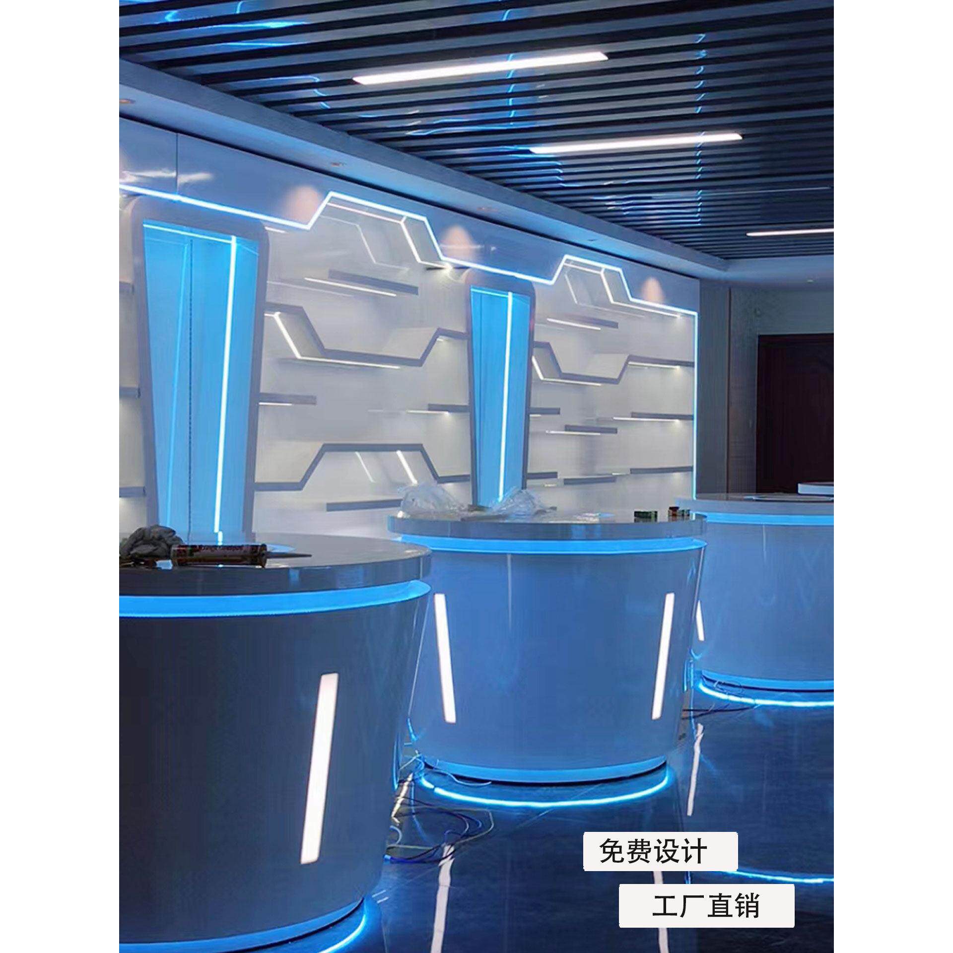 科技感展厅烤漆展示柜圆形展示桌中岛体验台异形发光展台