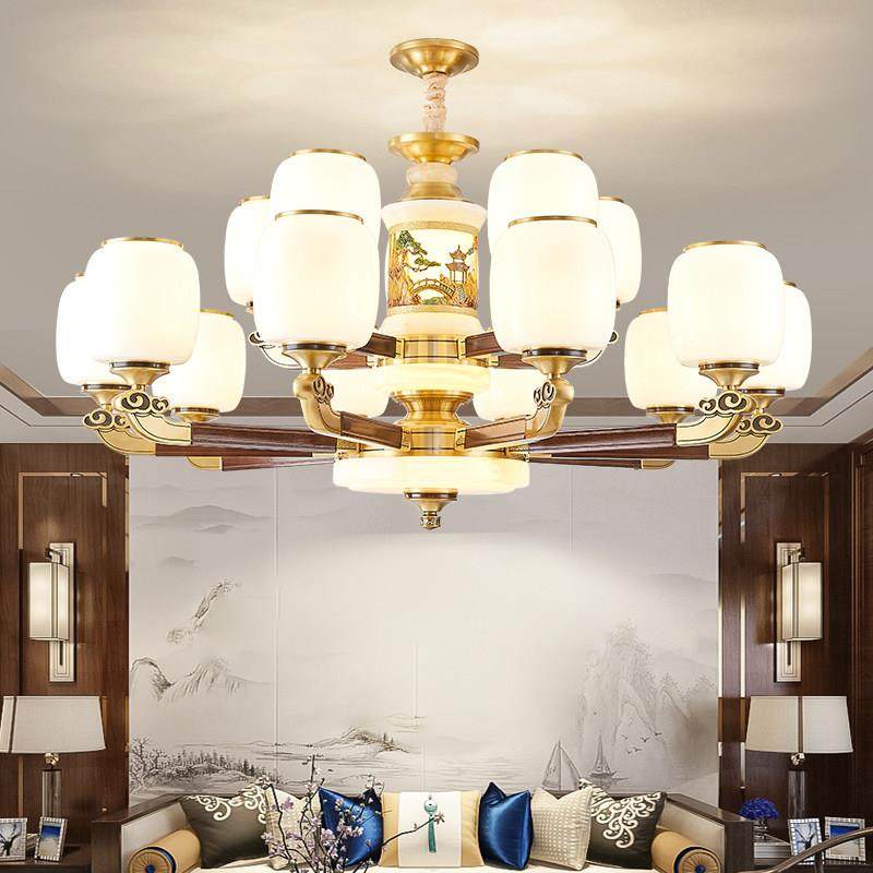 新中式全铜实木吊灯别墅覆式楼天然玉石大气中山古镇2025新款灯具