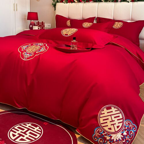 高级感中式全棉新婚庆四件套大红色喜被纯棉床单被套结婚床上用品