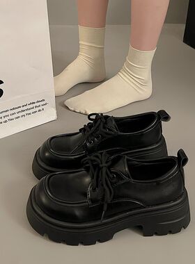 英伦风小皮鞋女秋冬2024新款日系复古圆头系带厚底百搭配裙子单鞋