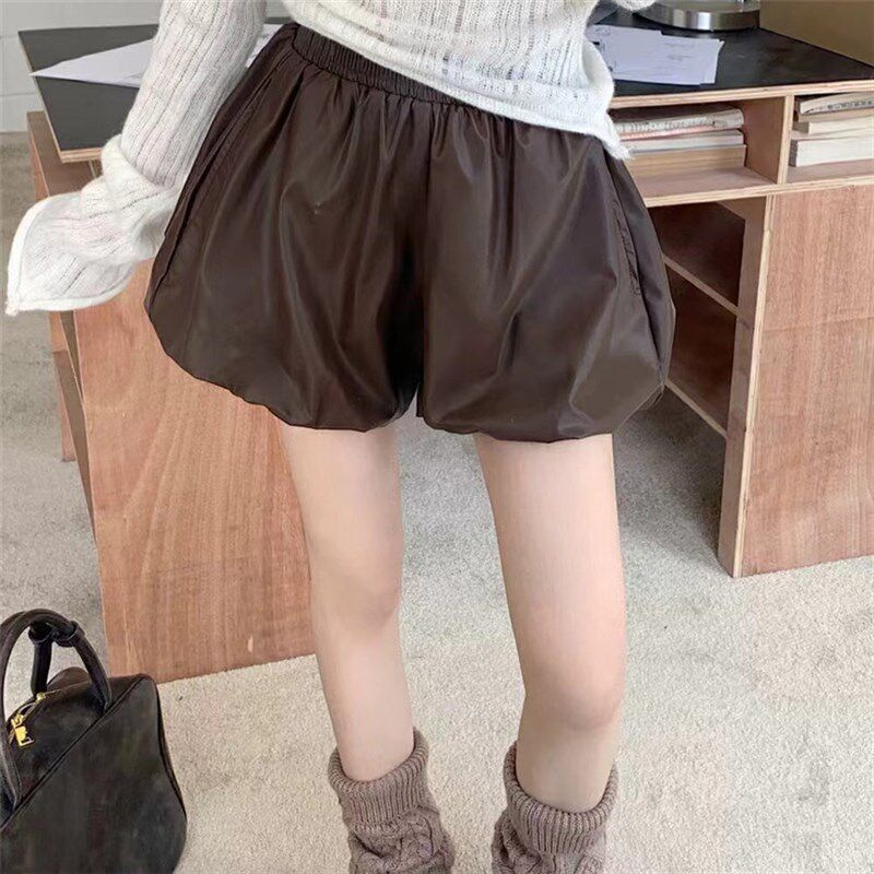 pu皮短裤女款秋冬2024新款高腰花苞裙裤显瘦小个子a字咖色南瓜裤