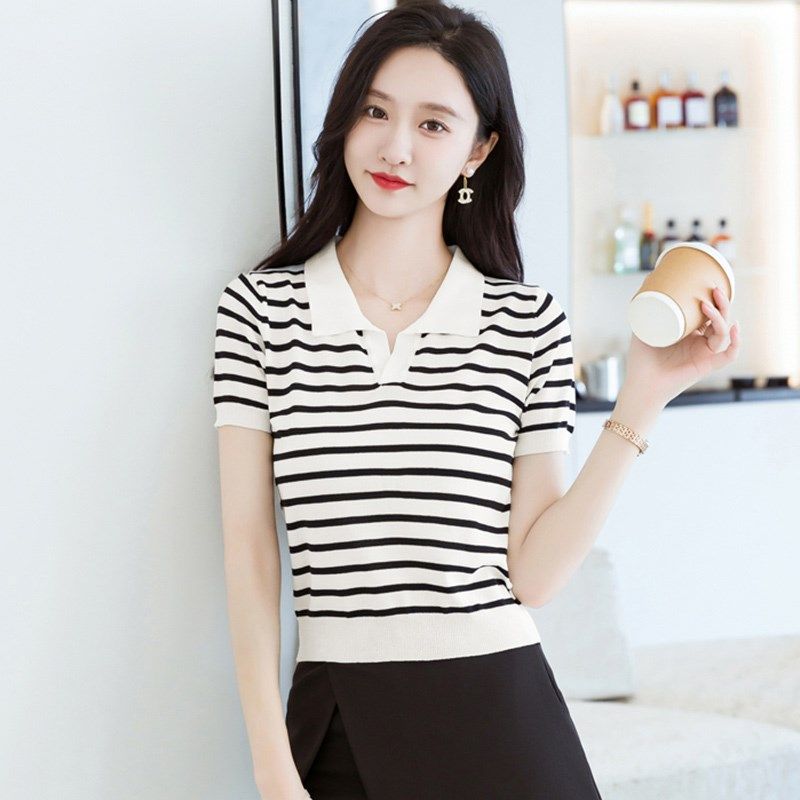 配裙裤子的洋气条纹小衫收腰翻领针织上衣夏装冰丝薄款t恤女短袖