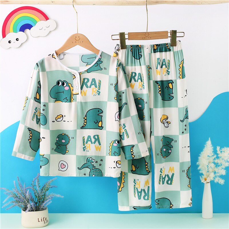 儿童棉绸睡衣男童夏季薄款空调服绵绸女童家居服卡通宝宝小孩长袖