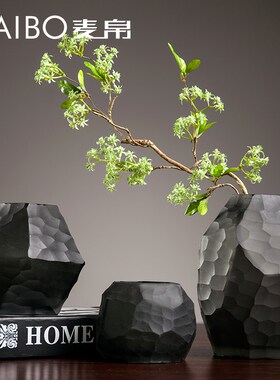 麦帛欧式现代黑色玻璃花瓶摆件客厅家居装饰手工刻磨蜂窝纹花器