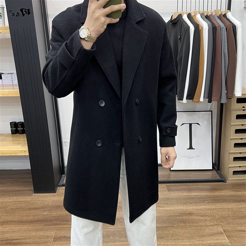 冬季新款男士中长款双排扣翻领简约加厚毛呢大衣韩版风衣呢子外套,男装,毛呢大衣,淘宝优惠券,粉丝福利购,淘宝优惠卷