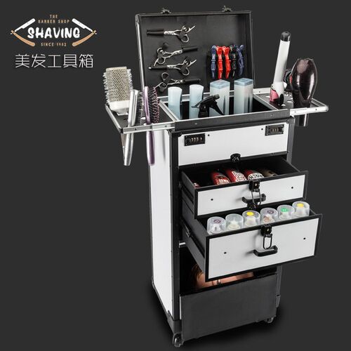 新款美发造型师多功能拉杆工具箱大容量密码锁大工箱移动推车