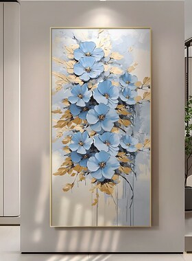 蓝色抽象花卉大芬村金箔玄关装饰画肌理走廊过道挂画轻奢手绘油画