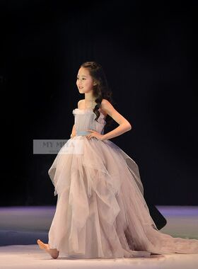 女童生日宴会吊带蓬蓬裙 撞色晚礼服舞台表演演出服定制小拖尾